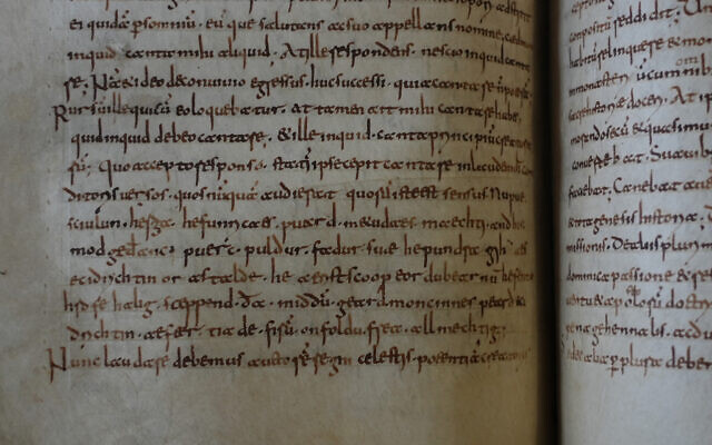 A rare, long-lost copy of Caedmon's Hymn — the oldest surviving poem in Old English — is visible in the five lines above the final line of a page from an 8th-century manuscript copy of the Venerable Bede's Ecclesiastical History of the English People, at Rome's National Library, May 8, 2026. (AP Photo/Andrea Rosa) A rare, long-lost copy of Caedmon's Hymn — the oldest surviving poem in Old English — is visible in the five lines above the final line of a page from an 8th-century manuscript copy of the Venerable Bede's Ecclesiastical History of the English People, at Rome's National Library, May 8, 2026. (AP Photo/Andrea Rosa)