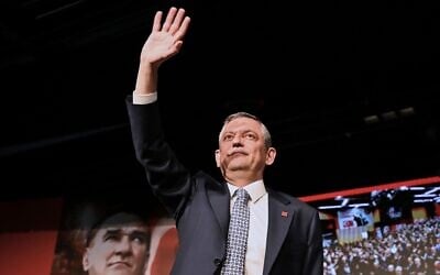 CHP leader Ozgur Ozel gestures to party members during his speech during a party convention, in Ankara, Turkey, April 6, 2025. (AP Photo/Ali Unal)