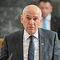 Janez Jansa addressing the Slovenian Parliament during a session in Ljubljana, Slovenia, May 22, 2026, before appointing him as prime minister, ending a political deadlock after tight elections in March. (Igor Kupljenik/AP)