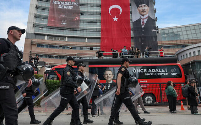 Police officers arrive at Turkey's main opposition Republican People's Party (CHP) headquarters in Ankara, Turkey, May 24, 2026, to evict supporters gathered inside. (Ugur Yildirim/DIA Photo via AP)