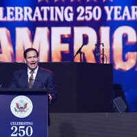 United States Secretary of State Marco Rubio speaks at an event celebrating the United States' 250th anniversary, at the Bharat Mandapam convention center, in New Delhi, India, May 24, 2026. (AP Photo/Julia Demaree Nikhinson, Pool)