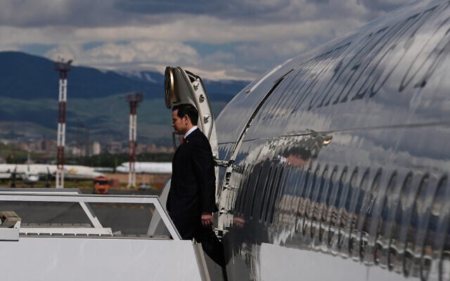 United States Secretary of State Marco Rubio disembarks his plane at Zvartnots International Airport in Yerevan, Armenia, May 26, 2026. (AP Photo/Julia Demaree Nikhinson, Pool)