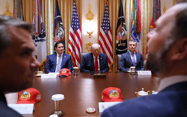 US President Donald Trump, next to Secretary of State Marco Rubio (L) and Secretary of Defense, Pete Hegseth (R), speaks during a Cabinet meeting at the White House, May 27, 2026, in Washington, as Acting Attorney General Todd Blanche, front left, and Vice President JD Vance, front right, look on. (AP Photo/ Jacquelyn Martin)