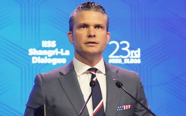 US Defense Secretary Pete Hegseth delivers his address during the Shangri-La Dialogue, Asia's annual defense and security forum, in Singapore, May 30, 2026. (AP Photo/Achmad Ibrahim)