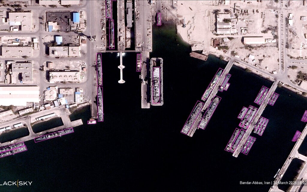 A BlackSky Gen-3 satellite image with AI-enabled analytics highlighting various military ships and submarines at Bandar-Abbas Port, Iran, collected March 30, 2025. (Via AP)