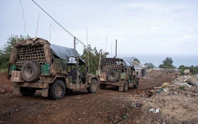 Israeli military vehicles drive in the Ras al-Bayada area in southern Lebanon, May 5, 2026. (Emanuel Fabian/Times of Israel)