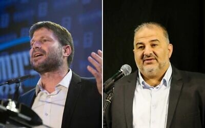 Religious Zionism chairman Bezalel Smotrich (L) and Ra'am chairman Mansour Abbas (R). (Sraya Diamant/David Cohen/Flash90) Religious Zionism chairman Bezalel Smotrich (L) and Ra'am chairman Mansour Abbas (R). (Sraya Diamant/David Cohen/Flash90)