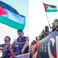 FC Barcelona player Lamine Yamal holding a Palestinian flag as he celebrates with his team atop a bus after winning the Spanish La Liga soccer title in Barcelona, Spain, May 11, 2026. (AP Photo)