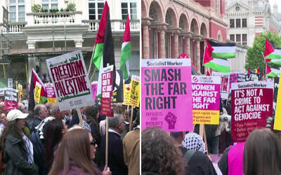 Anti-Israel, pro-Palestinian protesters march in central London, at the same time as a larger anti-immigration protest led by far-right activist Tommy Robinson, May 16, 2026. (Lidia Pedro / AFPTV / AFP)