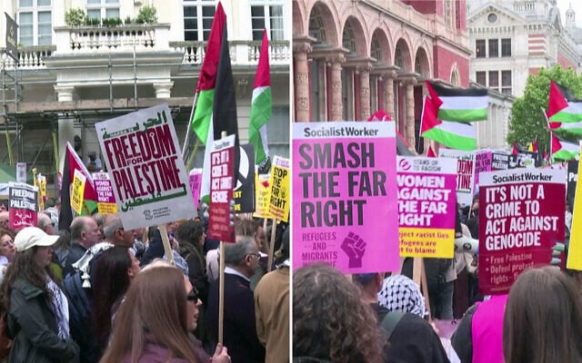 Anti-Israel, pro-Palestinian protesters march in central London, at the same time as a larger anti-immigration protest led by far-right activist Tommy Robinson, May 16, 2026. (Lidia Pedro / AFPTV / AFP)