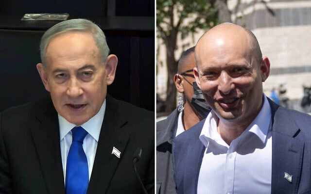 Prime Minister Benjamin Netanyahu (left) leads the weekly cabinet meeting on May 17, 2026 (Screenshot/GPO); Former prime minister Naftali Bennett arrives for a meeting with supporters in Jerusalem, May 13, 2026. (Yonatan Sindel/Flash90) Prime Minister Benjamin Netanyahu (left) leads the weekly cabinet meeting on May 17, 2026 (Screenshot/GPO); Former prime minister Naftali Bennett arrives for a meeting with supporters in Jerusalem, May 13, 2026. (Yonatan Sindel/Flash90)