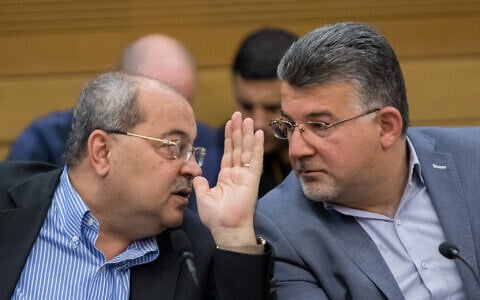MKs Ahmad Tibi (left) and Yousef Jabareen in the Knesset, November 19, 2019. (Olivier Fitoussi/Flash90)