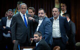 Prime Minister Benjamin Netanyahu and MKs attend a plenum session and a vote on reviving the ultra-Orthodox draft exemption bill at the assembly hall of the Knesset, in Jerusalem, on June 11, 2024. (Yonatan Sindel/Flash90)