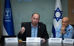 MK Simcha Rothman leads a committee meeting at the Knesset, March 23, 2026. (Oren Ben Hakoon/ Flash90)