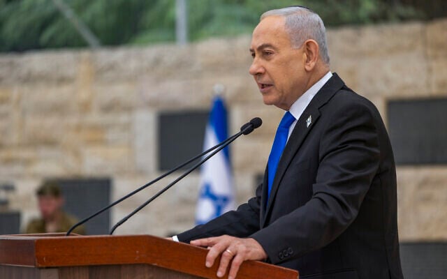 Prime Minister Benjamin Netanyahu speaks at a state memorial ceremony for victims of terror attacks, at the Mount Herzl military cemetery in Jerusalem on April 21, 2026. (Dor Pazuelo/ Flash90)