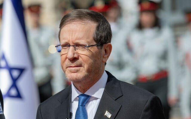 President Isaac Herzog attends an event for outstanding soldiers as part of Israel’s 78th Independence Day celebrations in Jerusalem on April 20, 2026. (Chaim Goldberg/Flash90)