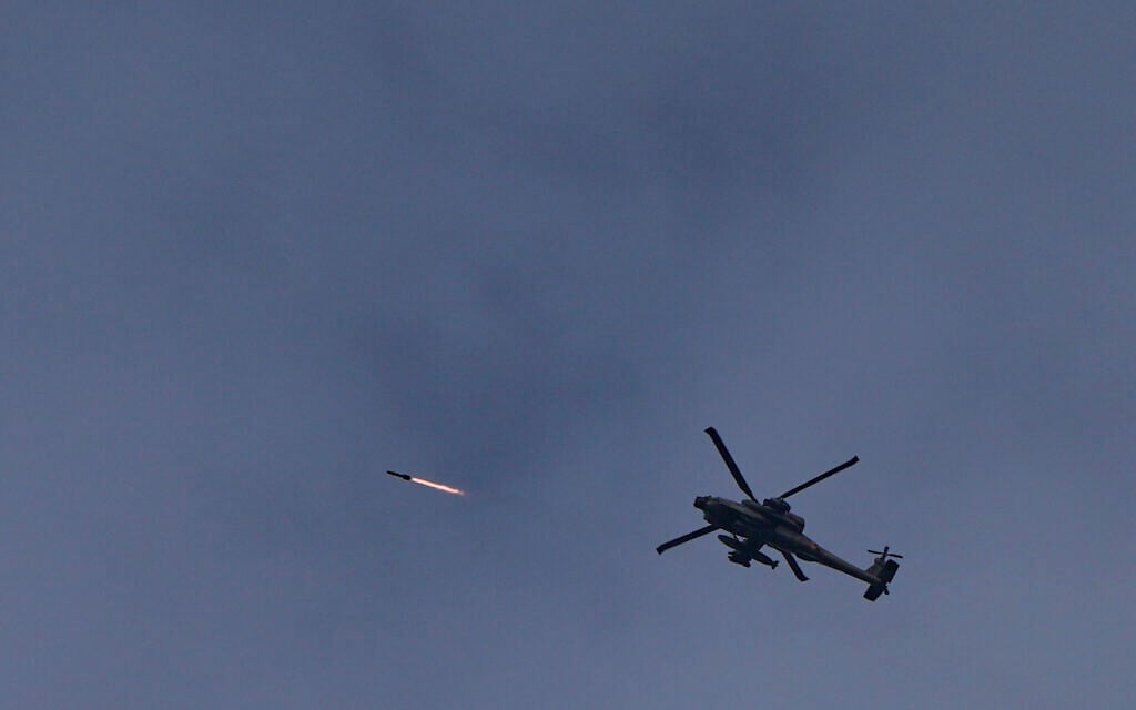 An IDF helicopter fires a missile toward Lebanon near the border in northern Israel, May 2, 2026. (Ayal Margolin/Flash90) An IDF helicopter fires a missile toward Lebanon near the border in northern Israel, May 2, 2026. (Ayal Margolin/Flash90)