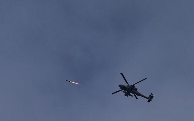 An IDF helicopter fires a missile toward Lebanon near the border in northern Israel, May 2, 2026. (Ayal Margolin/Flash90) An IDF helicopter fires a missile toward Lebanon near the border in northern Israel, May 2, 2026. (Ayal Margolin/Flash90)