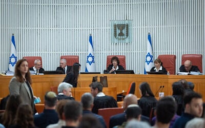 High Court justices sit for a hearing on the state comptroller’s probes into the October 7, 2023, Hamas-led massacre, in Jerusalem, May 10, 2026. (Yonatan Sindel/Flash90)