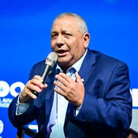 Gadi Eisenkot, head of the Yashar party, speaks during a conference at Tel Aviv University, May 12, 2026. (Avshalom Sassoni/Flash90)