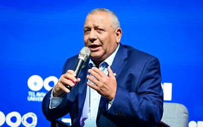 Gadi Eisenkot, head of the Yashar party, speaks during a conference at Tel Aviv University, May 12, 2026. (Avshalom Sassoni/Flash90)
