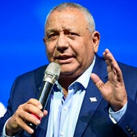 Former IDF chief Gadi Eisenkot, head of the Yashar party, speaks during a conference at Tel Aviv University, May 12, 2026. (Avshalom Sassoni/ Flash90)