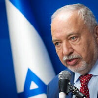 Yisrael Beytenu party chairman MK Avigdor Lieberman leads a faction meeting at the Knesset in Jerusalem, on May 18, 2026. (Chaim Goldberg/Flash90)