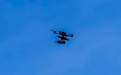 An explosive drone launched by Hezbollah is seen near the Israeli border with Lebanon during a Hezbollah attack in northern Israel, May 19, 2026. (Ayal Margolin/Flash90)