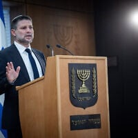 Finance Minister Bezalel Smotrich holds a press conference at the Finance Ministry in Jerusalem, May 19, 2026. (Yonatan Sindel/Flash90)