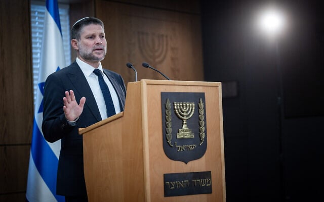 Finance Minister Bezalel Smotrich holds a press conference at the Finance Ministry in Jerusalem, May 19, 2026. (Yonatan Sindel/Flash90)