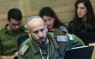Brig. Gen. Shay Tayeb, head of the IDF Personnel Directorate’s Planning and Personnel Management Division, at a Foreign Affairs and Defense Committee meeting at the Knesset, May 20, 2026. (Yonatan Sindel/Flash90)