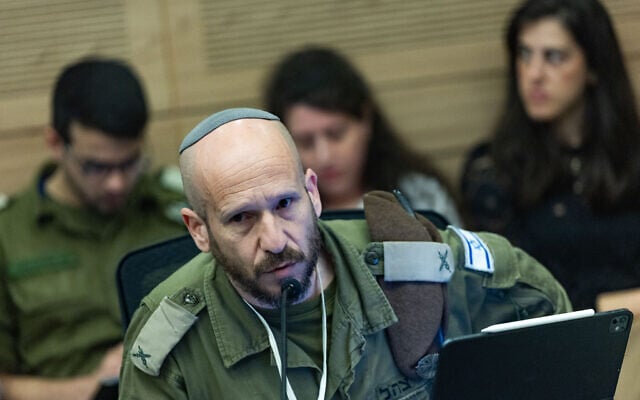 Brig. Gen. Shay Tayeb, head of the IDF Personnel Directorate’s Planning and Personnel Management Division, at a Foreign Affairs and Defense Committee meeting at the Knesset, May 20, 2026. (Yonatan Sindel/Flash90)