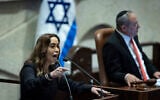 Social Equality Minister May Golan speaks in the plenum of the Knesset in Jerusalem on May 20, 2026. (Yonatan Sindel/Flash90)