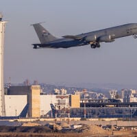 A US Air Force aircraft takes off at the Ben Gurion International Airport, May 24, 2026. (Yossi Aloni/Flash90)
