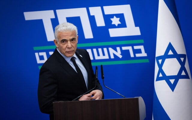 Opposition Leader Yesh Atid MK Yair Lapid leads a faction meeting at the Knesset on May 25, 2026 (Yonatan Sindel/Flash90)