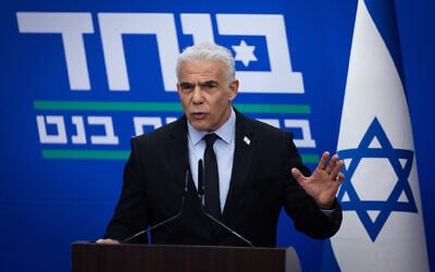 Opposition Leader Yair Lapid addresses his Yesh Atid party's weekly faction meeting in the Knesset, May 25, 2026. (Yonatan Sindel/Flash90) Opposition Leader Yair Lapid addresses his Yesh Atid party's weekly faction meeting in the Knesset, May 25, 2026. (Yonatan Sindel/Flash90)