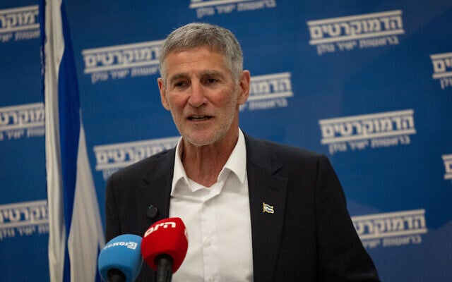 Leader of the Democrats party Yair Golan leads a faction meeting at the Knesset in Jerusalem, on May 25, 2026. (Yonatan Sindel/Flash90
