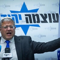National Security Minister Itamar Ben Gvir speaks with reporters ahead of his Otzma Yehudit party's weekly faction meeting in the Knesset, May 25, 2026. (Yonatan Sindel/Flash90)
