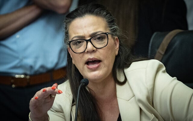 MK Galit Distel Atbaryan leads the Special Committee for the Communications Law at the Knesset, May 25, 2026. (Yonatan Sindel/Flash90)