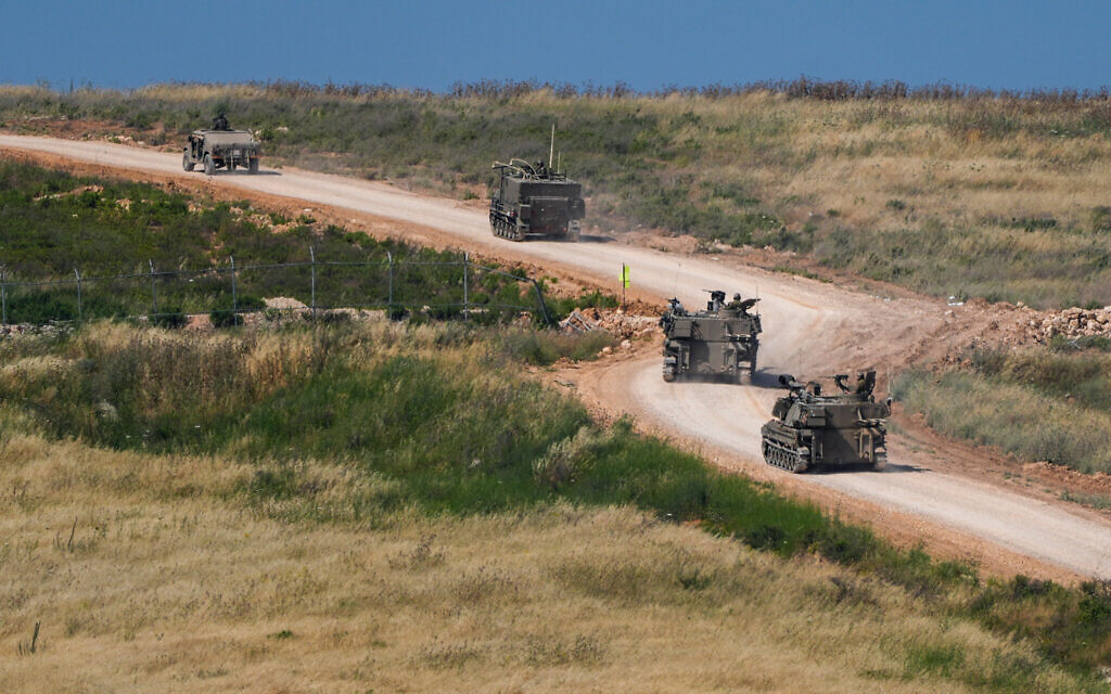 Israeli artillery vehicles travel in a convoy toward southern Lebanon near the Lebanese border, May 27, 2026.(Ayal Margolin/FLASH90)