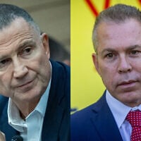 Left: Likud MK Yuli Edelstein attends a Foreign Affairs and Defense Committee meeting at the Knesset in Jerusalem, December 9, 2025. (Yonatan Sindel/Flash90); right: Former Likud MK Gilad Erdan takes part in a ceremony for a bulletproof ambulance donated by the Harvest Christian Fellowship to Magen David Adom, at the Tower of David, in the Old City of Jerusalem, June 1, 2025. (Chaim Goldberg/Flash90)