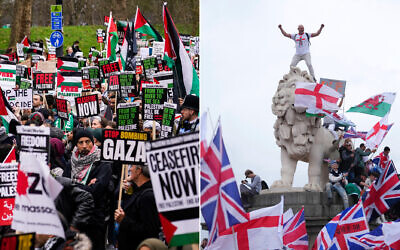 Left: Anti-Israel, pro-Palestinian protesters during a demonstration in London, Feb. 17, 2024; (R) A demonstrator stands on the head of the South Bank lionon the side of the Westminster Bridge, during a Tommy Robinson-led Unite the Kingdom march in London, Sept. 13, 2025. (AP Photo/Joanna Chan) Left: Anti-Israel, pro-Palestinian protesters during a demonstration in London, Feb. 17, 2024; (R) A demonstrator stands on the head of the South Bank lionon the side of the Westminster Bridge, during a Tommy Robinson-led Unite the Kingdom march in London, Sept. 13, 2025. (AP Photo/Joanna Chan)