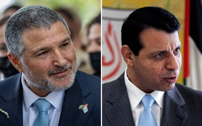 (L) Shin Bet director David Zini at Mount Herzl Military Cemetery in Jerusalem on April 21, 2026 (Chaim Goldberg/Flash90) (R) Mohammed Dahlan in the West Bank city of Ramallah, on January 3, 2011. (AP Photo/Majdi Mohammed, File)