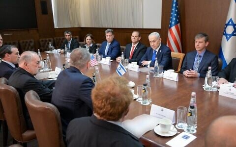 Prime Minister Benjamin Netanyahu and his team meet the Board of Peace pointman for Gaza Nickolay Mladenov, US Ambassador Mike Huckabee and others in Jerusalem, May 5, 2026. (Prime Minister's Office)