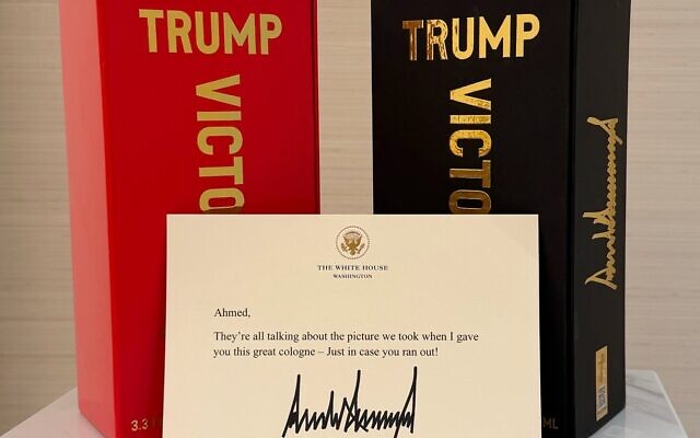 US President Donald Trump's gift of Trump cologne to Syrian President Ahmed al-Sharaa, in an image posted May 19, 2026. (Ahmed al-Sharaa/X) US President Donald Trump's gift of Trump cologne to Syrian President Ahmed al-Sharaa, in an image posted May 19, 2026. (Ahmed al-Sharaa/X)