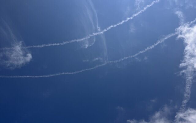 Trails from an Iron Dome interception in the Western Galilee on May 31, 2026. (Diana Bletter/Times of Israel)