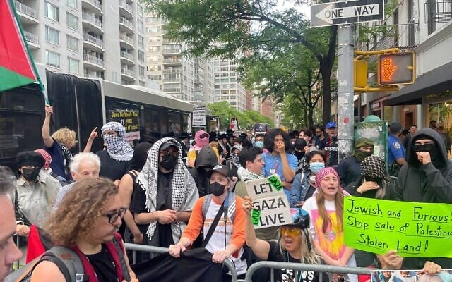 Anti-Zionist protesters in New York City, May 5, 2026. (Luke Tress/Times of Israel) Anti-Zionist protesters in New York City, May 5, 2026. (Luke Tress/Times of Israel)