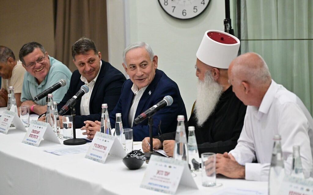 Prime Minister Benjamin Netanyahu attends a conference of Druze and Circassian council heads at the Dead Sea, on May 10, 2026. (Kobi Gideon/ GPO)