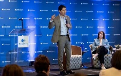 Minneapolis Mayor Jacob Frey speaks at the national leadership summit of the Jewish Democratic Council of America in Washington, DC, May 13, 2026. (Joseph Strauss/JTA)