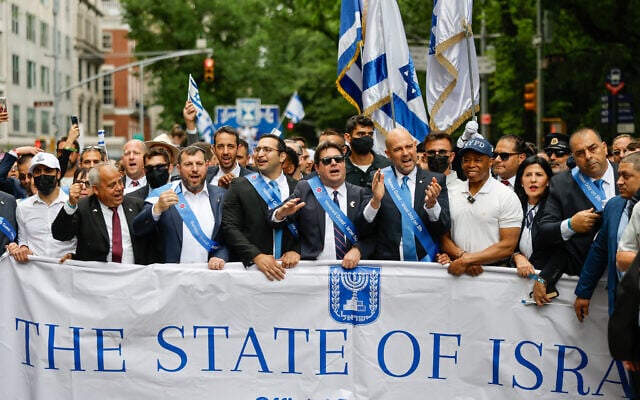 Heritage Minister Amichai Eliyahu, Negev, Galilee, and National Resilience Minister Yitzhak Wasserlauf, and Knesset Speaker Amir Ohana take part in the annual Israel Day Parade in New York City, May 31, 2026. (Noam Moskowitz/ Office of the Knesset Spokesperson)